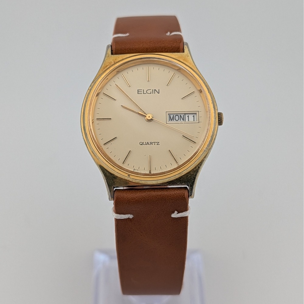 Elgin Vintage‎ Quartz Day Date Gold Tone Minimalist Dress Watch 34mm